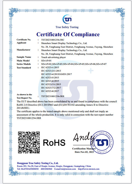 China Shenzhen Smart Display Technology Co.,Ltd certificaten
